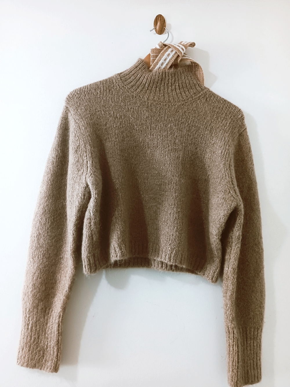 ZARA MOCHA TAN CHAI MOCK TURTLENECK CROP PULLOVER WOOL BLEND KNIT SWEATER SMALL